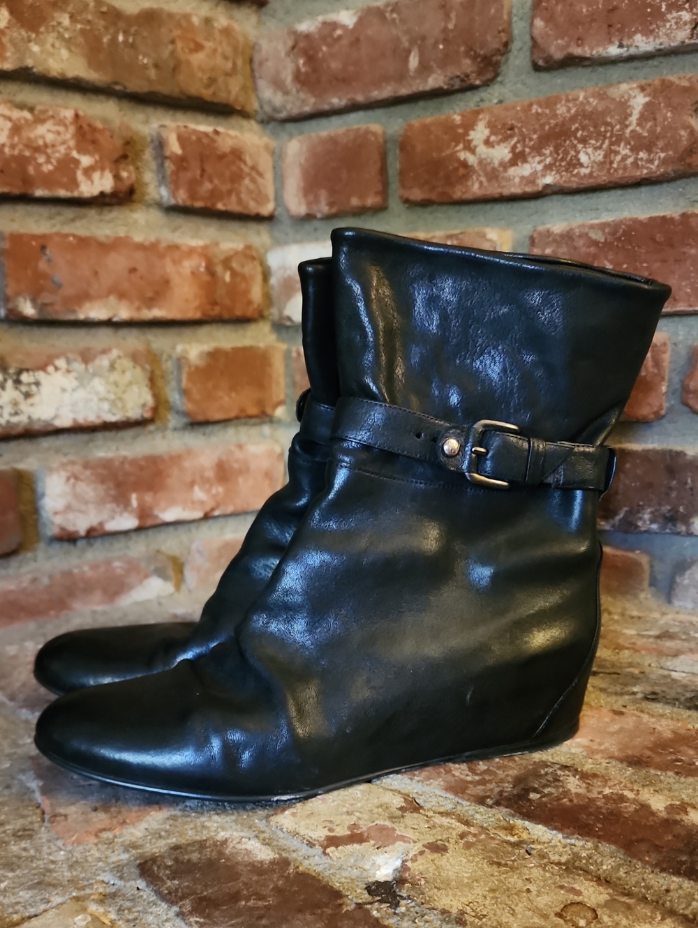 Stuart Weitzman Gather Black Leather Wedge Buckle Ankle Boots 8.5